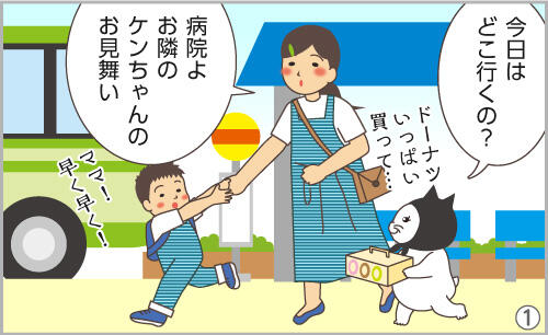 今日はどこ行くの?病院よ。お隣のケンちゃんのお見舞い。