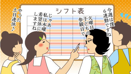 今週は僕6連勤ですね。火曜日子どもの参観日で。じゅあ私は水曜希望休にしますね。やった、土日連休♪