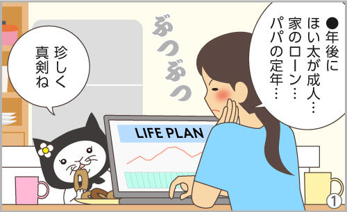 ●年後にほい太が成人…家のローン…パパの定年…。珍しく真剣ね。