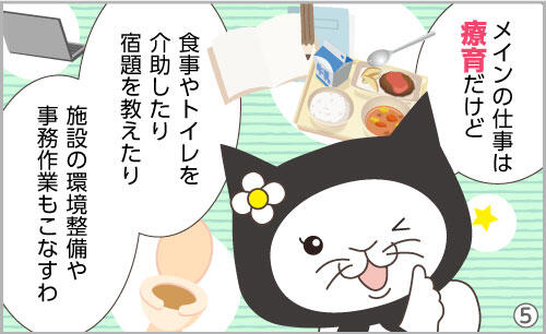 メインの仕事は療育だけど食事やトイレを介助したり、宿題を教えたり施設の環境整備や事務作業もこなすわ。